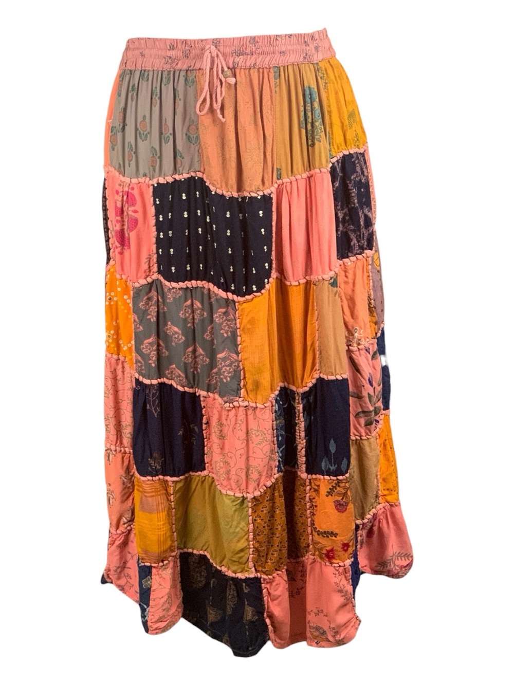 Anna & Rose Boho Patchwork 100% Cotton Maxi Skirt Orange Tan Black Hippie Large